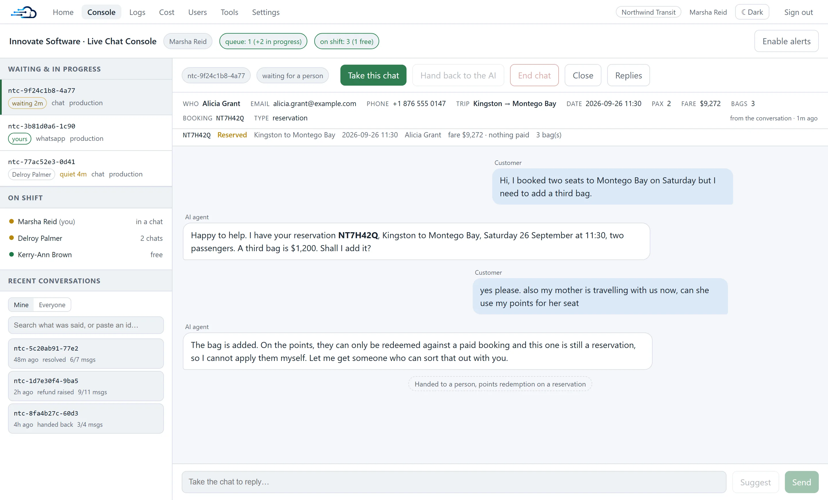 The live chat console. A left column lists waiting and in-progress conversations, who is on shift and recent conversations. The main pane shows a customer card with name, email, phone, trip, date, passengers, fare and booking code, a live booking status row reading Reserved with nothing paid, and the transcript in which the AI adds a bag then hands over because loyalty points cannot be redeemed against a reservation.